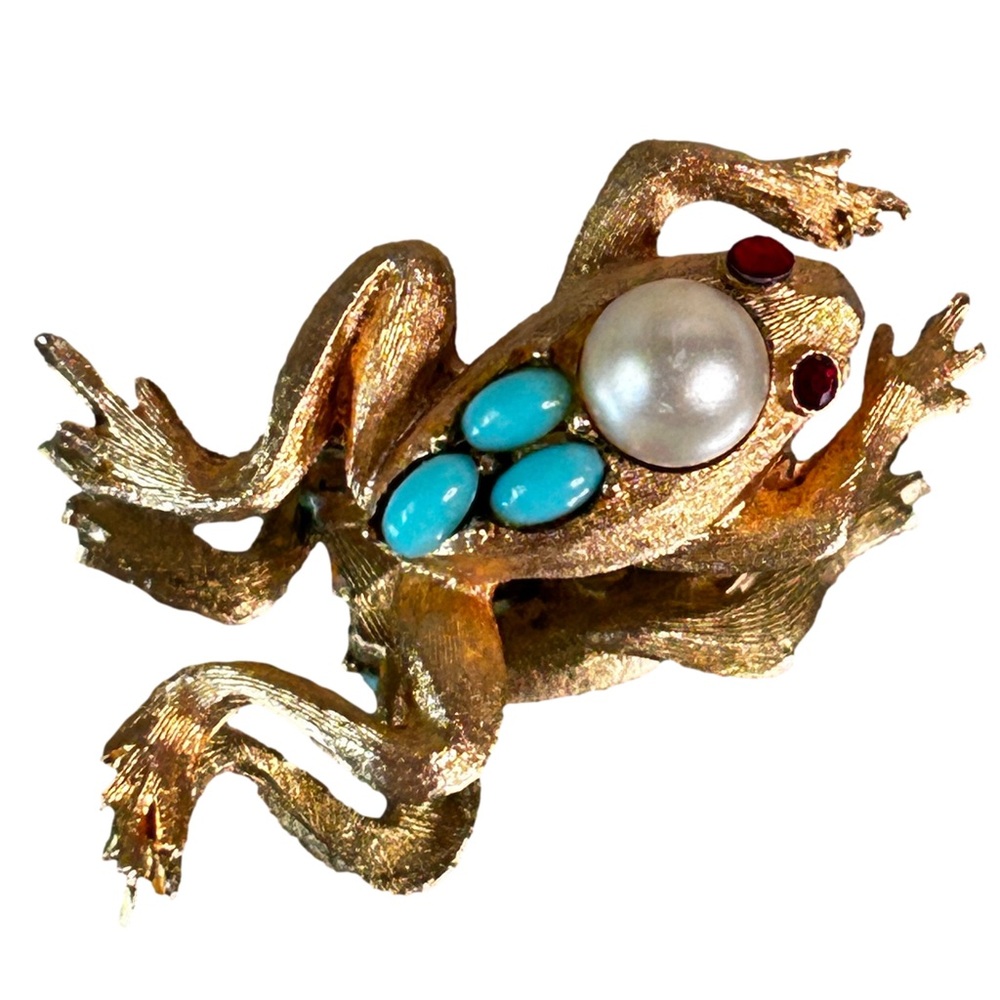 Vintage Coro Frog Brooch Signed Crystal Gold tone Pearl Ruby Turquoise Pin